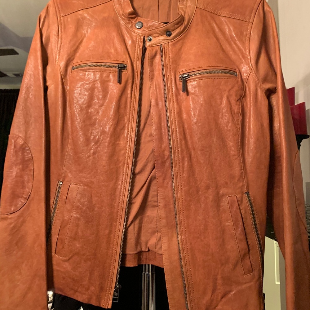 Vince Women's Leather Biker Jacket in Cognac Brown M